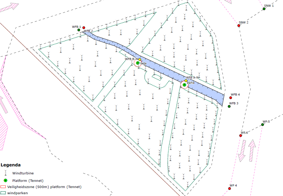 Windpark Borssele met de in blauw getekende corridor waarvan de in/uitgangen bebakend zijn met rode en groene boeien. Doorvaart is alleen toegestaan in deze corridor. De ‘vernauwingen’ zijn het gevolg van de veiligheidszones bij de twee transformatorplatforms. De lengte van de corridor is 11,3 zeemijl, de breedte verloopt van 1100 meter (oostzijde) naar 500 meter (westzijde).