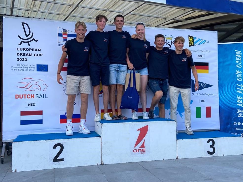 Vlnr. Lars Ganzevles, Ole Jägers, Yannick van den Akker, Féline van Ede, Ralph van der Voet, Zeb van Dorst. © Foto: DutchSail